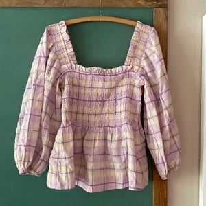 Ganni Smocked Seersucker Plaid Top